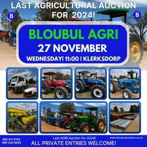 MASSIVE AGRICULTURE AUCTION – KLERKSDORP | BLOUBUL AUCTIONS | 27 NOV 11:00 | www.bloubulauctions.co.za Secure pre-approved bank finance, contact Bouwer Bekker +27828297564 | https://auctionfinance.co.za #AuctionFinance #ApplyNow Auth. FSP34936