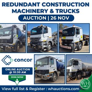 CONCOR CONSTRUCTION DE-FLEET TRUCKS & MACHINERY ONLINE WEBCAST AUCTION - JHB | WH AUCTIONEERS | 26 NOV 10:30 | whauctions.com/concor Secure Pre-Approved Bank Finance! Contact Lizette Muller on +27721058379 or visit www.auctionfinance.co.za #AuctionFinance #Applynow Auth. FSP34936