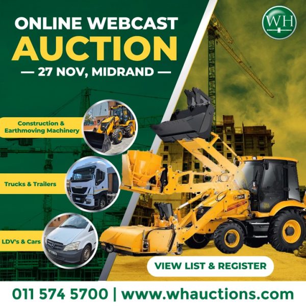 BANK & DE-FLEET TRUCKS & CONSTRUCTION ONLINE WEBCAST AUCTION - MIDRAND | WH AUCTIONEERS | 27 NOV 10:00 | whauctions.com/midrand Secure Pre-Approved Bank Finance! Contact Lizette Muller on +27721058379 or visit www.auctionfinance.co.za #AuctionFinance #Applynow Auth. FSP34936