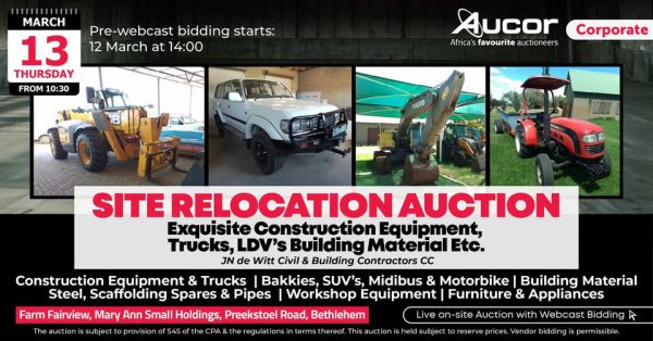 SITE RELOCATION AUCTION – BETHLEHEM | 13 MARCH 10:30 | https://bit.ly/3XjXicg Secure Pre-Approved Bank Finance, contact Celeste Steenberg on +27823745078 | www.auctionfinance.co.za Auth. FSP34936