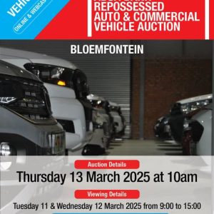 ABSA BANK WEBCAST VEHICLE AUCTION – BLOEMFONTEIN | ABSA BLOEMFONTEIN | 13 MARCH 10:00 | https://tinyurl.com/5c4t8yns Secure Pre-Approved Bank Finance, contact Celeste Steenberg on +27823745078 | www.auctionfinance.co.za Auth. FSP34936