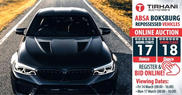 ABSA BANK ONLINE VEHICLE AUCTION - BOKSBURG | 17 MARCH 11:00 – 18 MARCH 11:00 | www.tirhani.co.za Secure Pre-Approved Bank Finance, contact Lizette Muller on +27721058379 | www.auctionfinance.co.za Auth. FSP34936