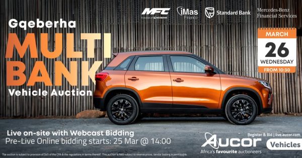 MULTI BANK VEHICLE AUCTION, LIVE WITH WEBCAST BIDDING (MFC, STANDARD BANK, IMAS & MERCEDES-BENZ) – GQEBERHA | 25 - 26 MARCH 2025 | https://bit.ly/3DyfUi2 Secure Pre-Approved Bank Finance Contact Nicol Palmer +27615217518 | nicol@auctionfinance.co.za | www.auctionfinance.co.za #AuctionFinance #ApplyNow Auth. FSP34936