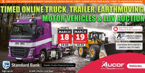 ONLINE TRUCK, TRAILER, EARHTMOVING, MOTOR VEHICLES & LDV AUCTION - DURBAN | 14 - 19 MARCH | https://bit.ly/3R5Loz3 Secure Pre-Approved Bank Finance, contact Dineshni Naidoo +27833812303 | www.auctionfinance.co.za #AuctionFinance #Applynow Auth. FSP34936