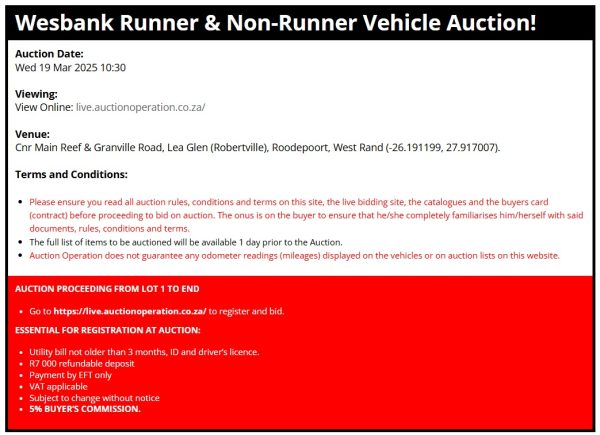 WESBANK VEHICLE AUCTION - WEST RAND | 19 MARCH 10:30| www.auctionoperation.co.za Secure Pre-Approved Bank Finance, contact Nondumiso Mzungu +27646731349 | www.auctionfinance.co.za #AuctionFinance #Applynow Auth. FSP34936